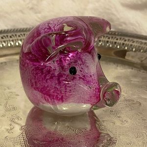 Murano Style Hand Blown Glass Pink Pig Paperweight Art Glass Figurine